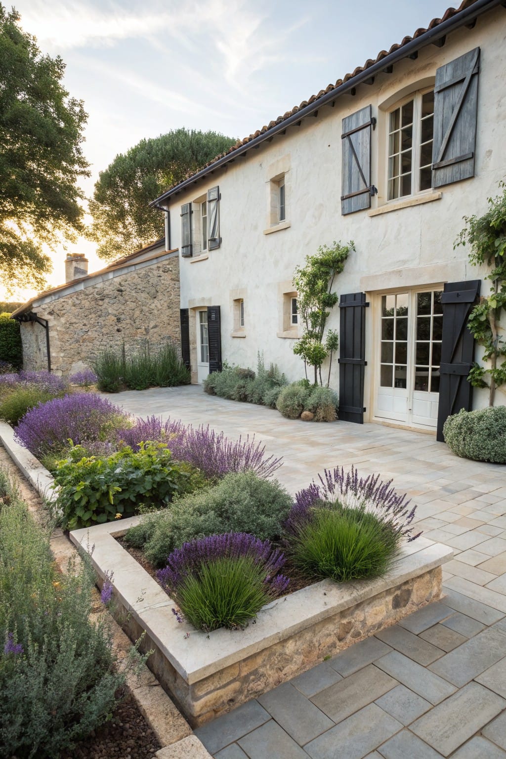 Raised Stone Planters Along the Patio