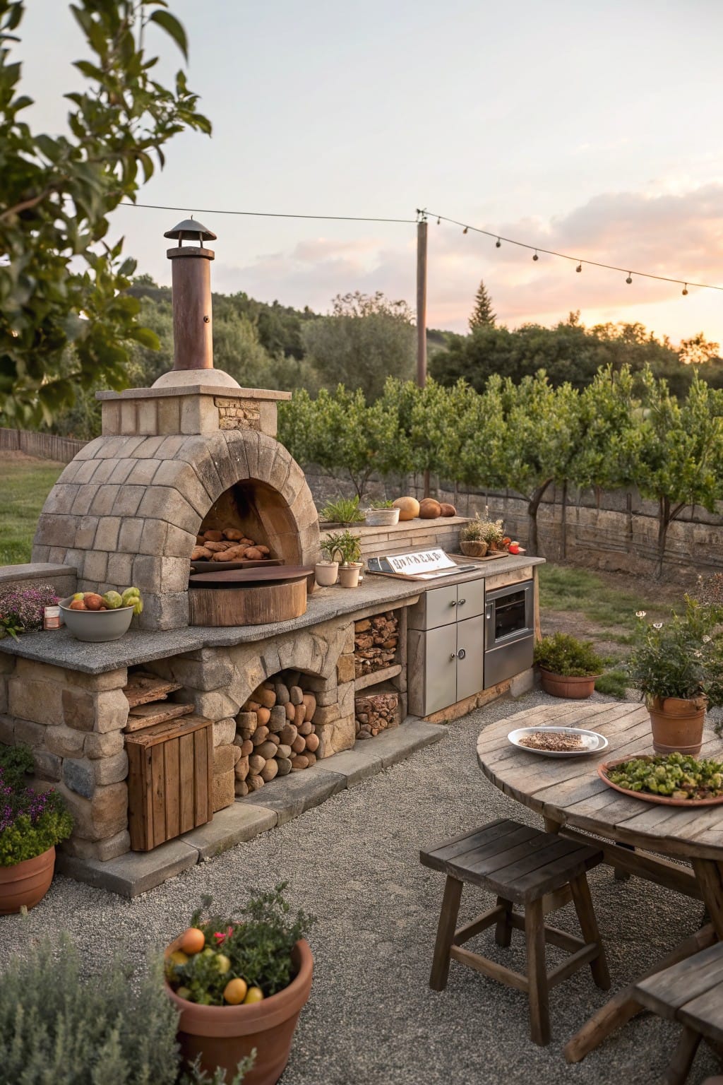 Rustic stone pizza oven built into an outdoor kitchen with grill, cabinets, wood storage, gravel patio, wooden table, plants, and vineyard in background.