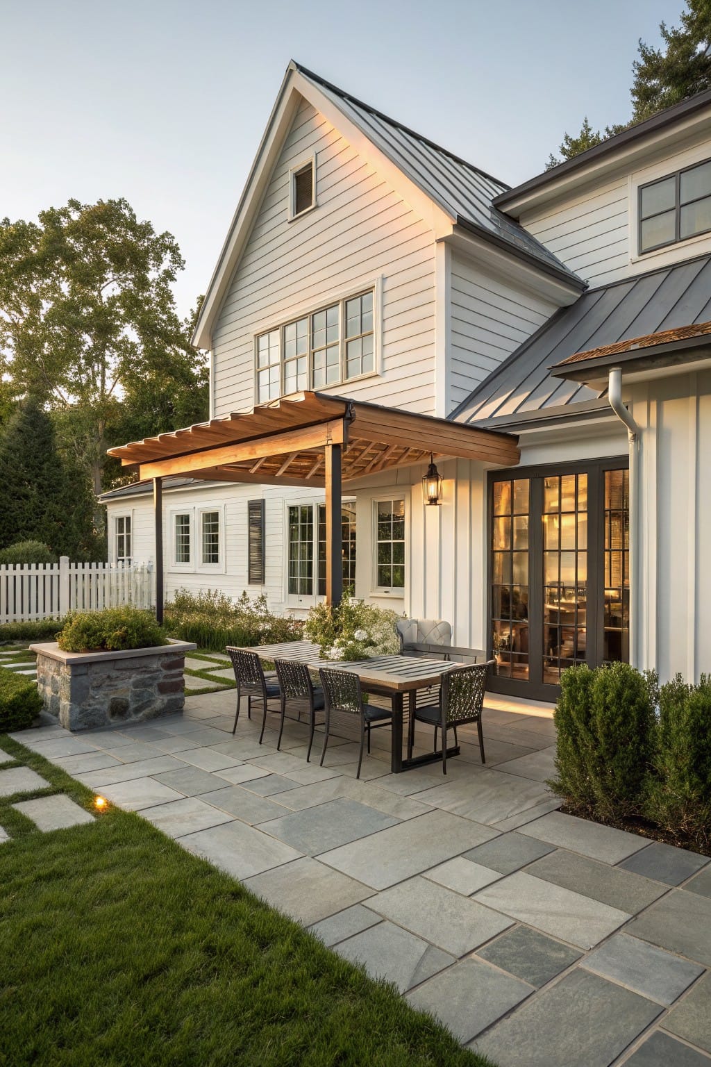 White clapboard farmhouse with metal roof and glass doors opening to a pergola-covered patio with wooden dining table and chairs on bluestone pavers, flanked by planters and shrubs.