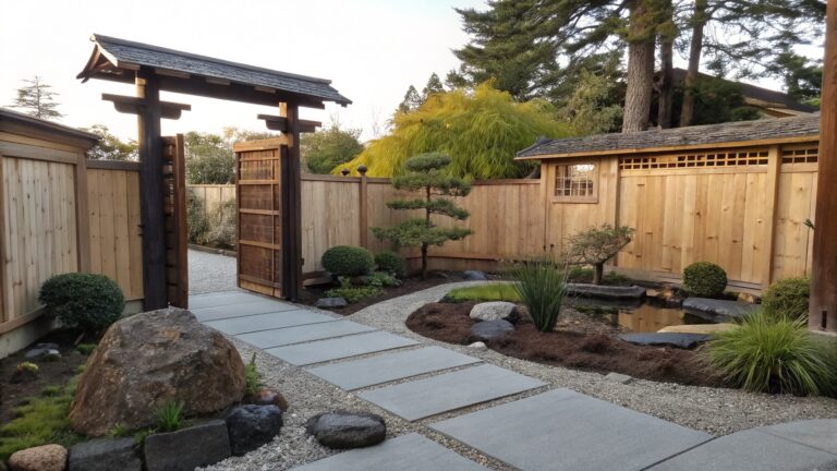 Wooden arched gate with lattice panels opens from a Zen garden featuring stepping stones in gravel paths, bonsai trees, rocks, a small pond, and border plants, leading to a wooden deck area.