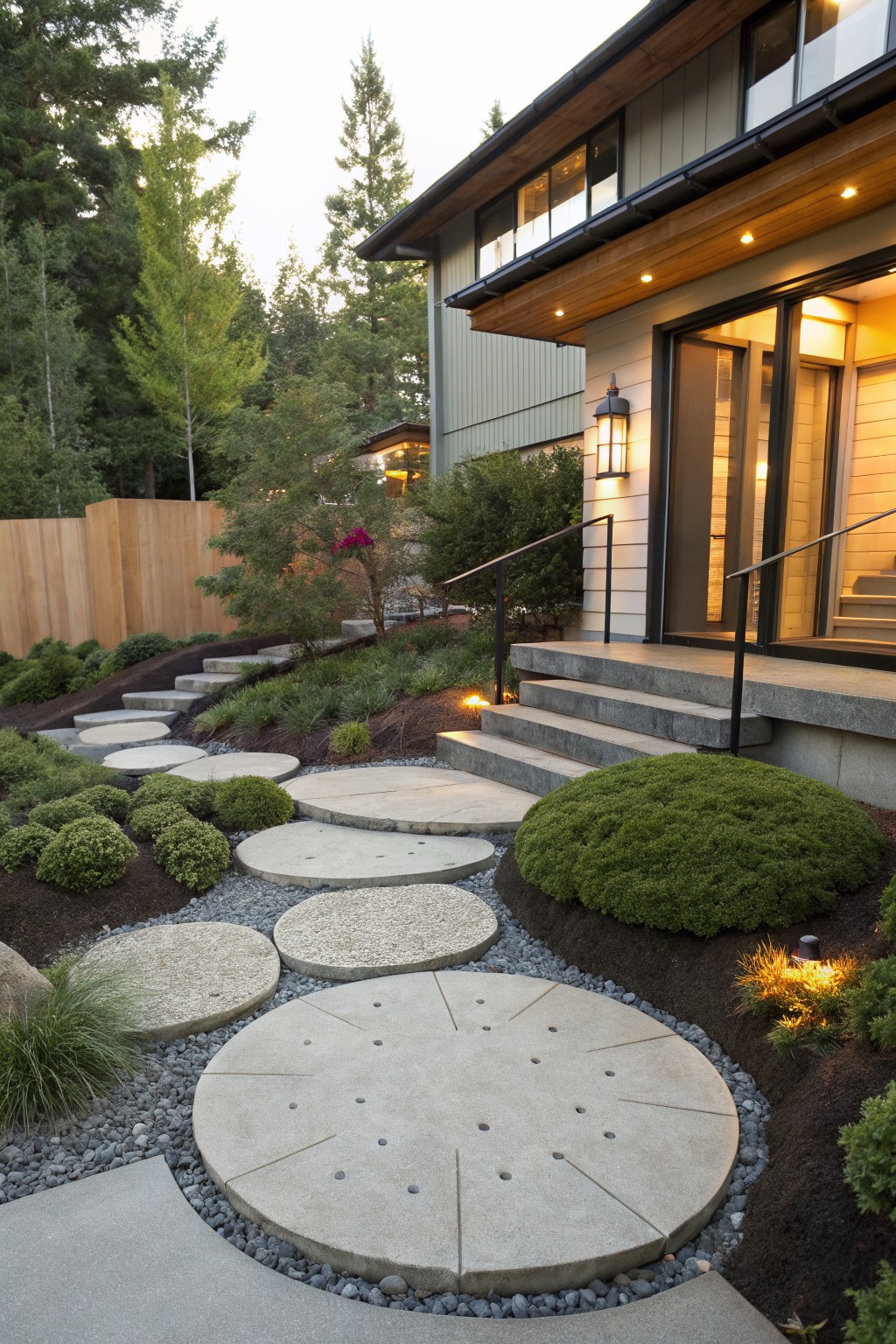 Front yard landscaping with large circular concrete stepping stones set in gravel and mulch, winding past shrubs to concrete stairs leading to a modern house entry.