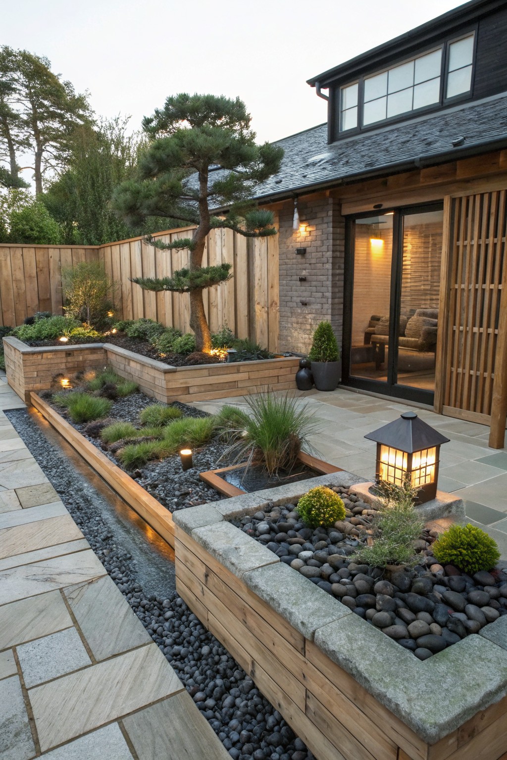 Raised wooden planters filled with gravel, grasses, shrubs, and rocks line a stone path beside a modern house exterior with sliding glass doors, wooden screens, lanterns, and a bonsai pine tree.