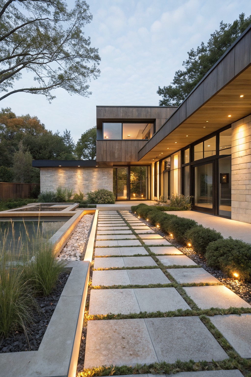 Modern wood and stone house exterior at dusk with a straight stone paver pathway edged in LED lights, grass joints, ornamental grasses, boxwood shrubs, and a linear reflecting pool leading to glass entry doors.
