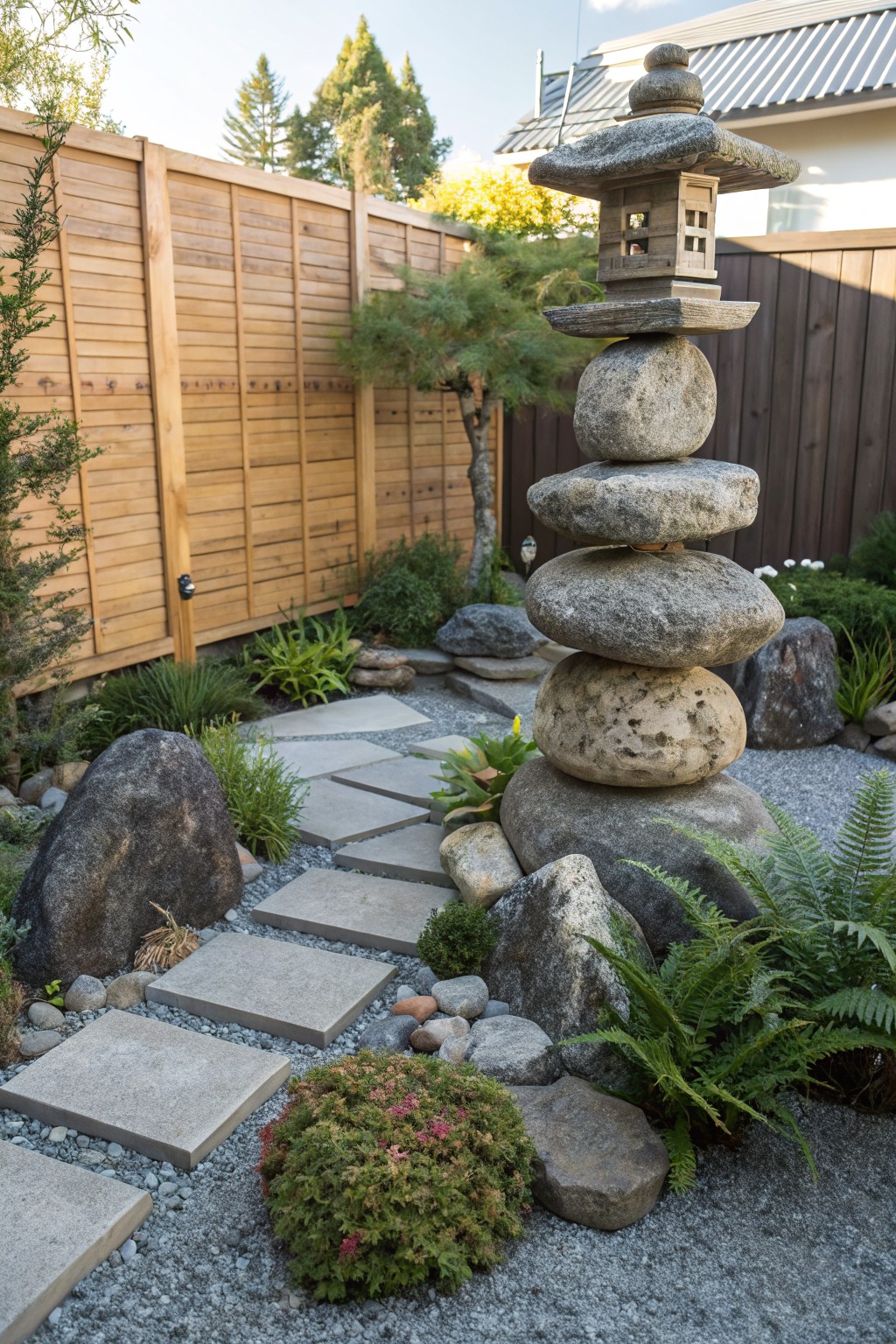 A tall vertical stack of balanced gray boulders serves as the focal point in a Zen garden with gravel ground cover, stepping stone path, stone lantern, pine tree, ferns, and wooden fences.