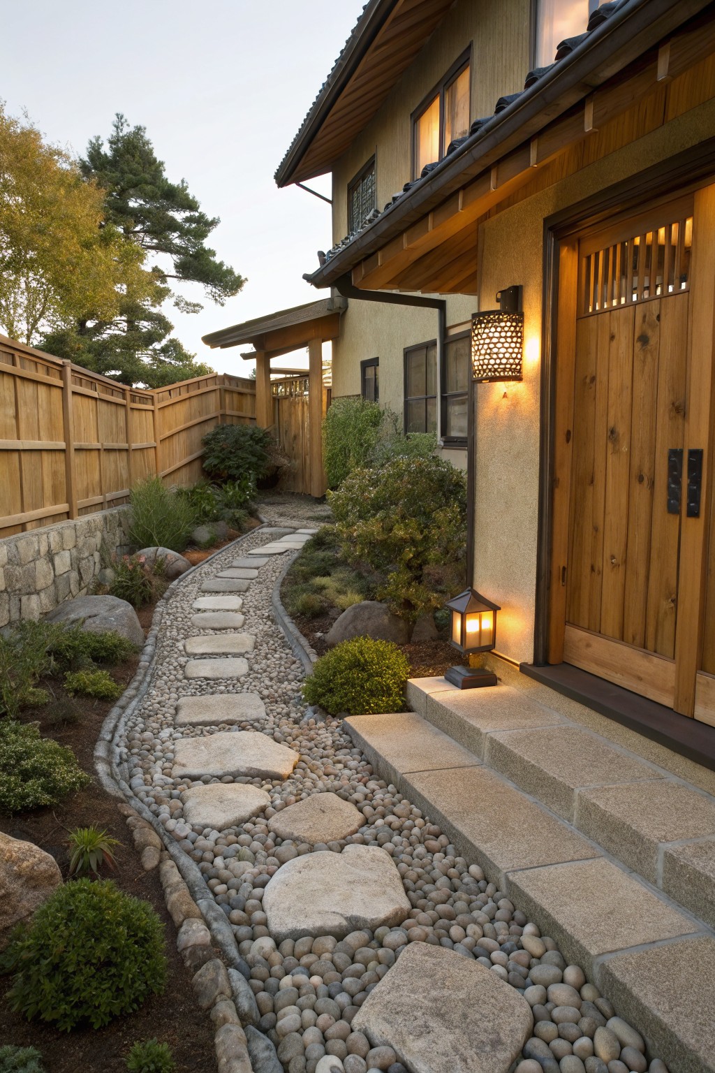 Winding path of large irregular stepping stones set in pebble gravel bordered by low shrubs and rocks leads to wooden front steps and door of a Japanese-style house with lanterns and fence.