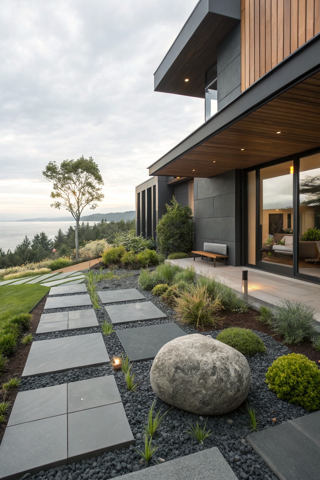Modern black and wood-clad house with large glass doors and a bench on a concrete patio, viewed from a front yard pathway of large rectangular gray stone slabs set in black gravel beds with ornamental grasses, a large boulder, and surrounding lawn and trees against a waterfront hillside.