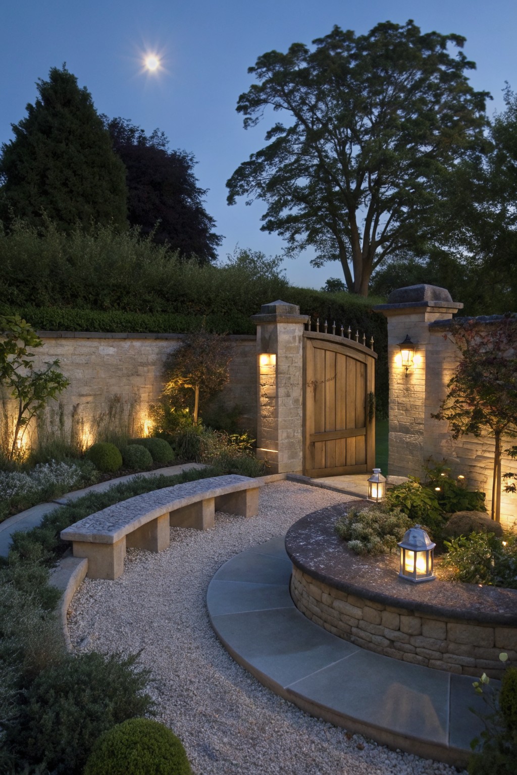 Curved gravel path edged in stone leading to a built-in bench in a walled garden with low plants, wooden gate, lanterns, and trees at dusk under a full moon.