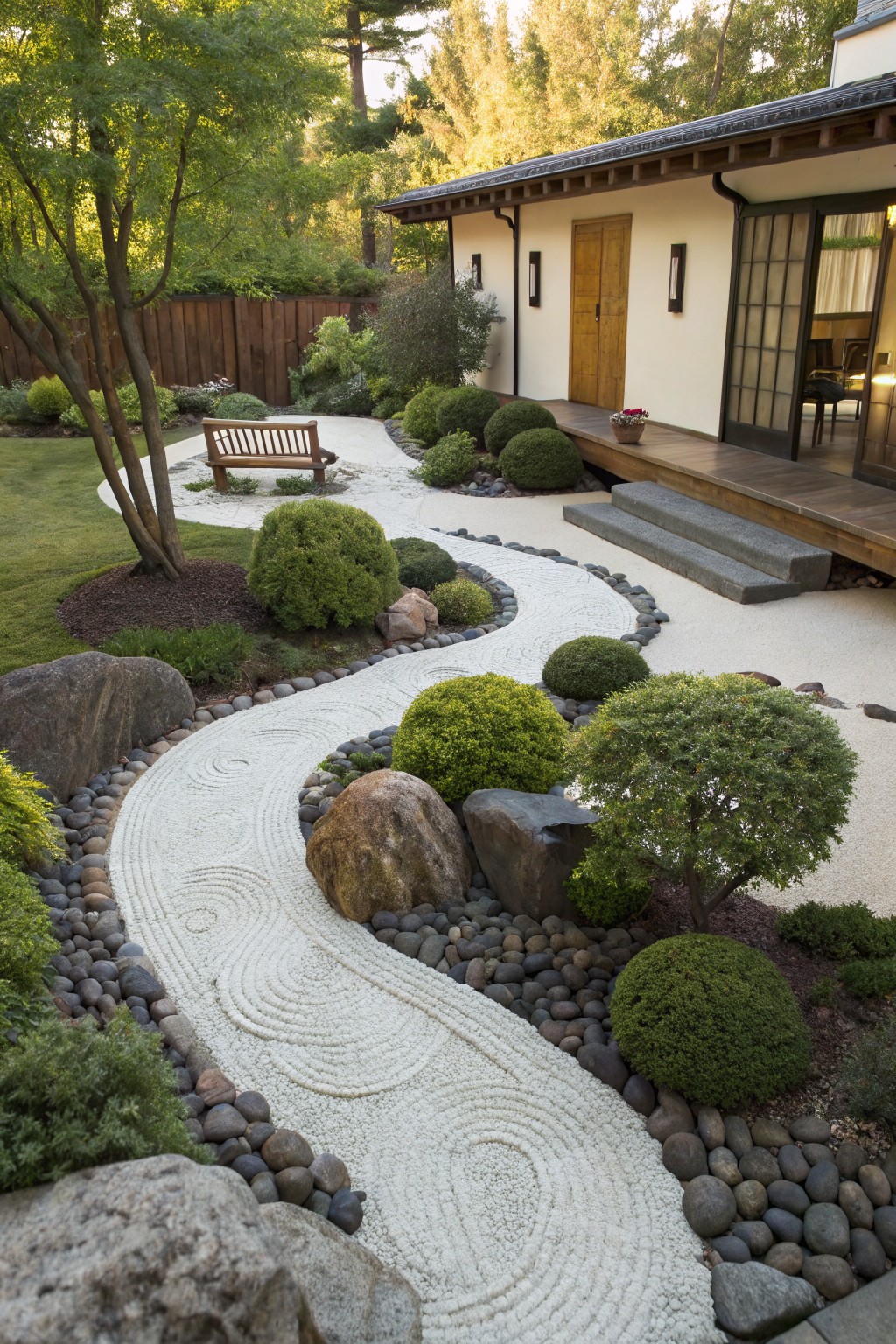 A front yard Zen garden with a white gravel path raked in swirling patterns winding through large rocks, rounded shrubs, and gravel borders, alongside a wooden bench and leading to a house with wooden door and sliding glass panels.