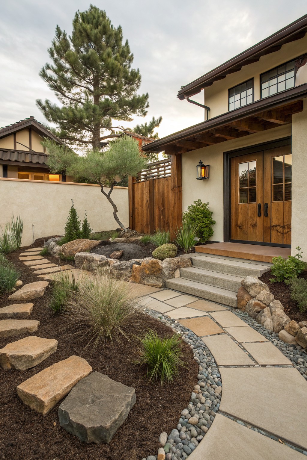 Front yard garden path of large irregular stepping stones curving through mulched beds with boulders, ornamental grasses, and small trees toward a beige house with wooden entry doors and concrete steps.