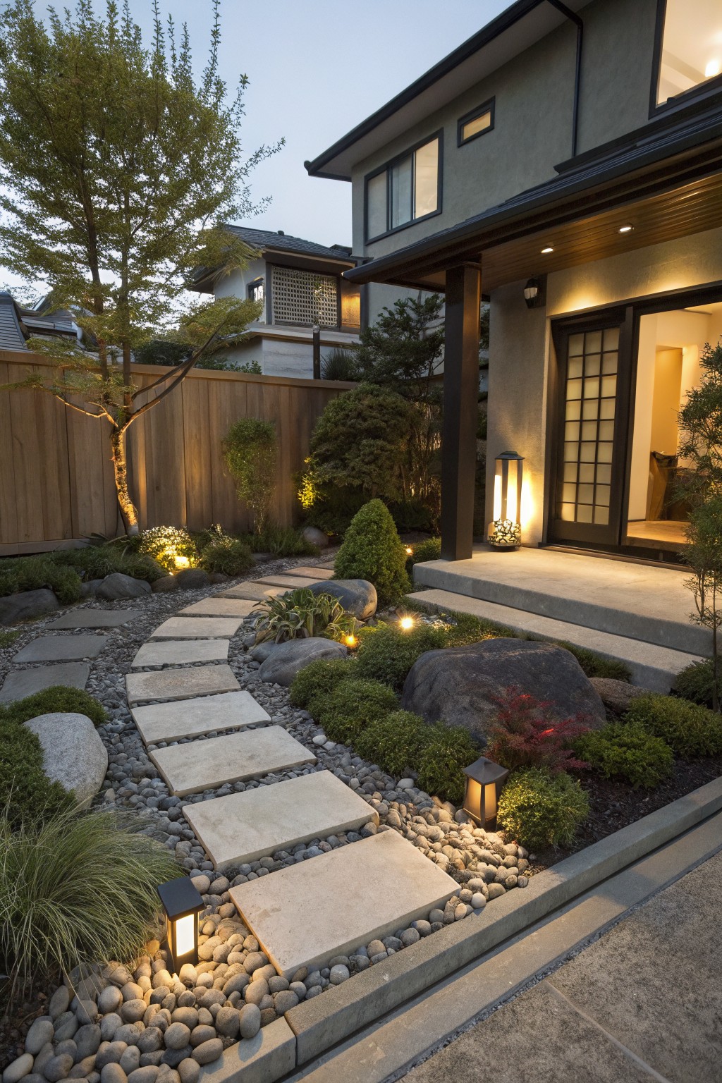 Front yard Zen garden with a curving path of large rectangular stepping stones in white gravel, bordered by boulders, shrubs, ornamental grasses, and several lit lanterns, leading to the entry steps of a modern house with shoji doors.