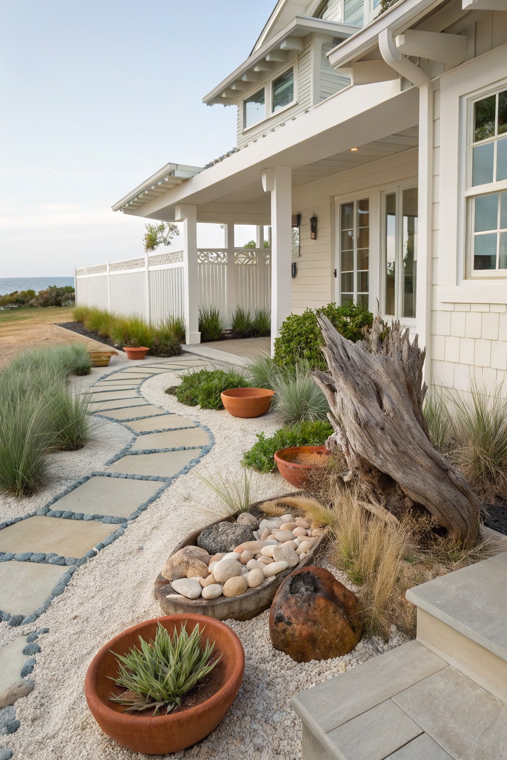 Winding gray stone pathway through white gravel garden with terracotta pots of succulents, grasses, boulders, and driftwood stump leading to steps of a white shingled house beside a white picket fence and ocean view.