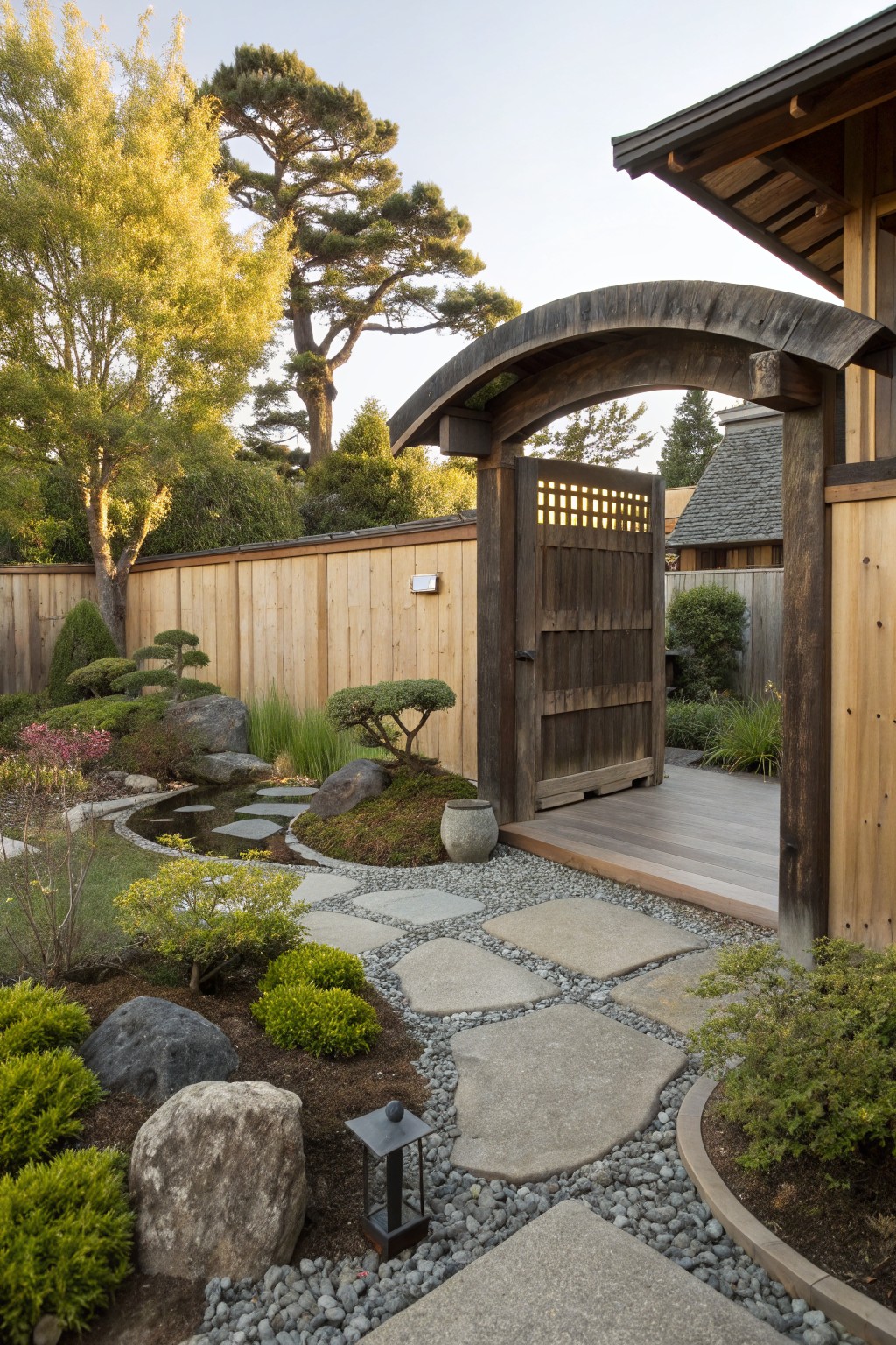 Wooden arched gate with lattice panels opens from a Zen garden featuring stepping stones in gravel paths, bonsai trees, rocks, a small pond, and border plants, leading to a wooden deck area.