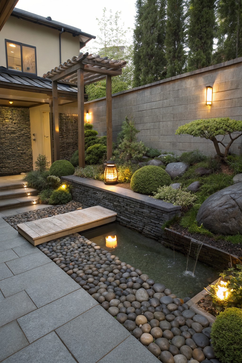 Front yard Zen garden with a narrow wooden bridge spanning a shallow water channel edged in pebbles and plants, boulders, clipped shrubs, lanterns, and a house entry door under a pergola.