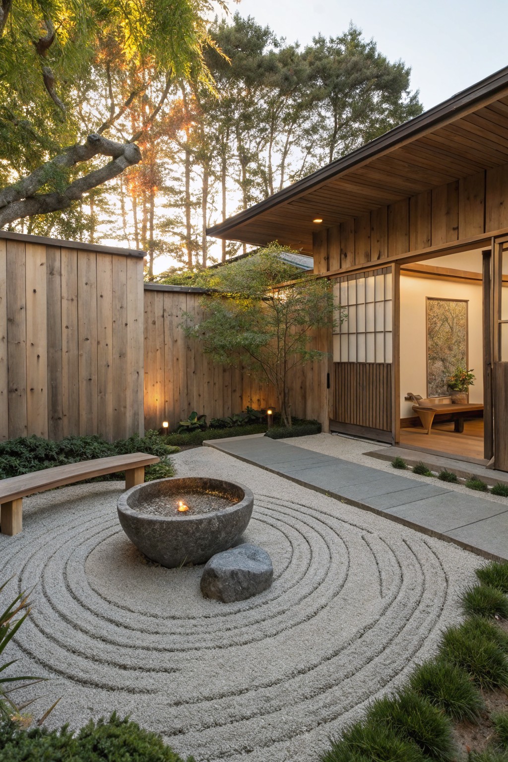 Zen garden courtyard with raked white gravel in concentric circles around a large stone basin containing a small flame, wooden bench nearby, stone path leading to open shoji screen doors on a wooden house, surrounded by wooden fence, small trees, and groundcover.