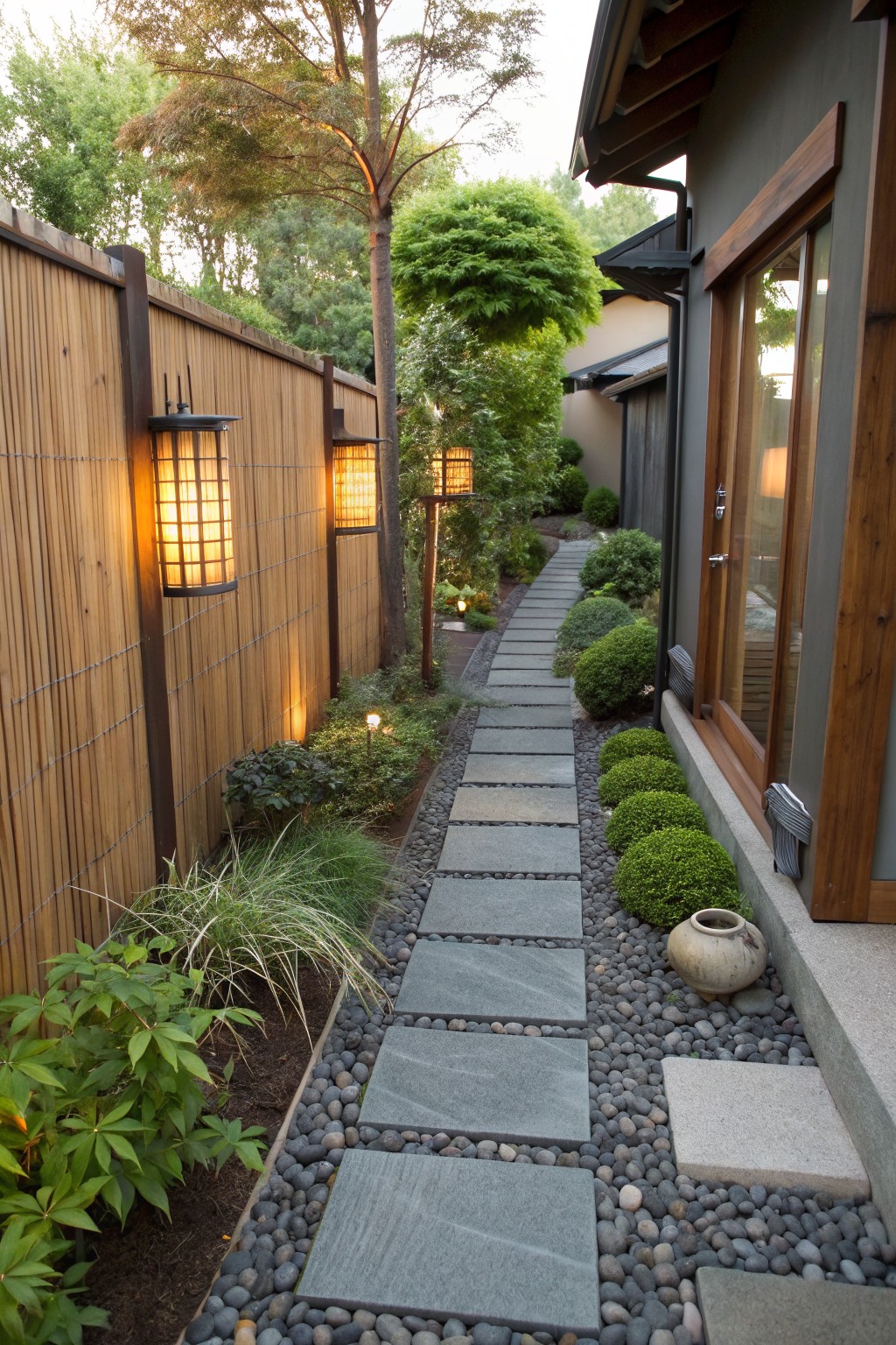 Narrow garden path of large rectangular gray stone slabs set into gray pebble ground cover, bordered by bamboo fencing, lit lanterns, clipped green shrubs, grasses, and trees alongside a dark wood and gray house exterior.
