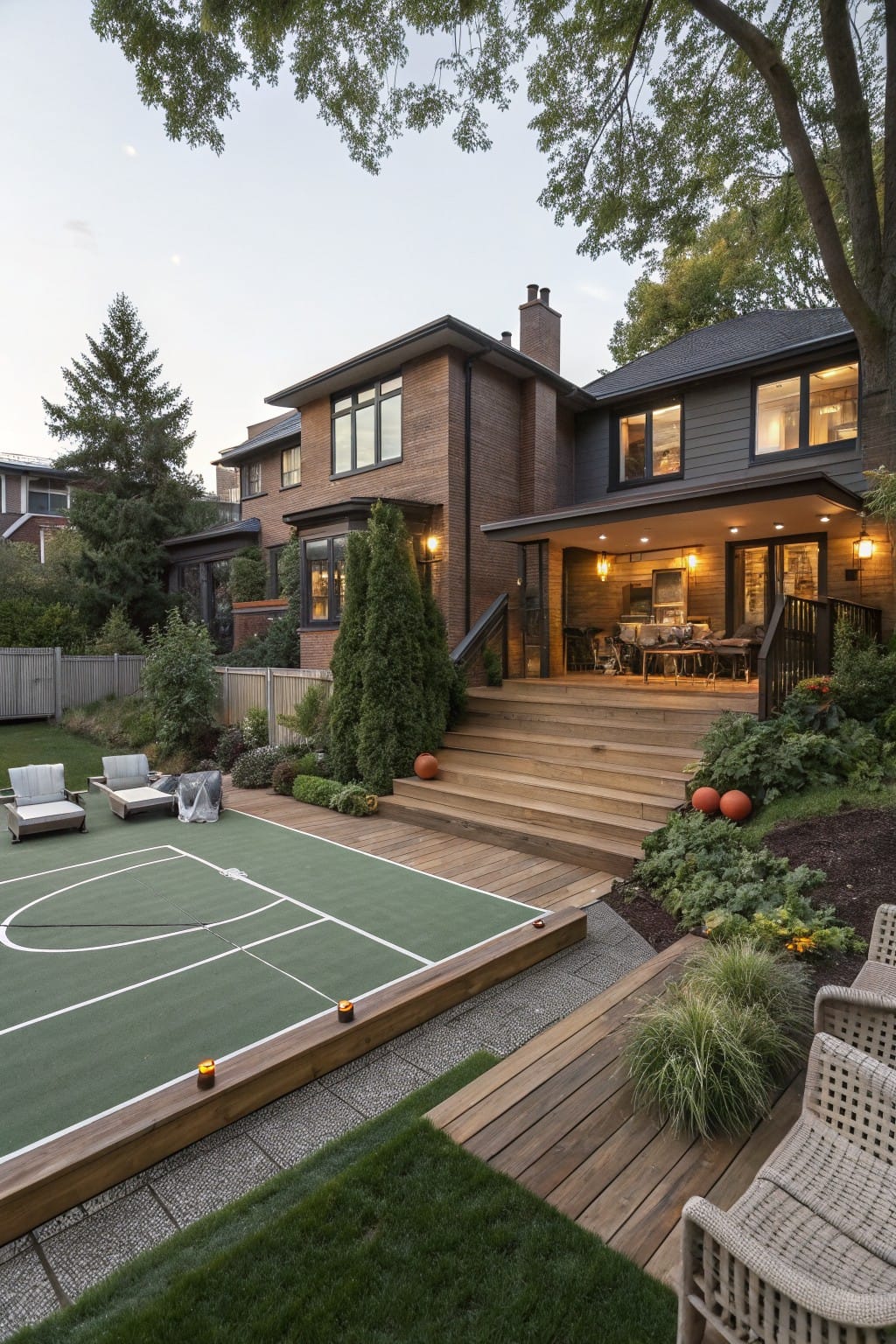 Rear view of a modern two-story house with dark siding, a green backyard basketball court on a wood deck base, stairs leading to an elevated patio with dining table and chairs, lounge seating nearby, landscaping with plants and trees, and evening lights.