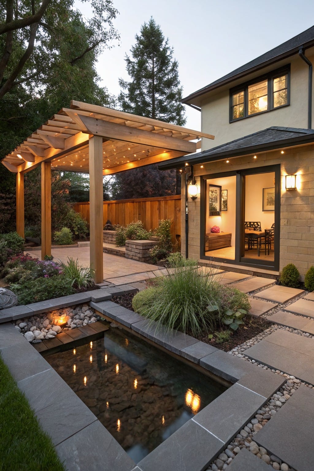 Modern backyard patio featuring a rectangular reflecting pond with underwater lights and pebbles, a wooden pergola with string lights, stone pathway, grasses and plants, and beige house exterior with glass door.