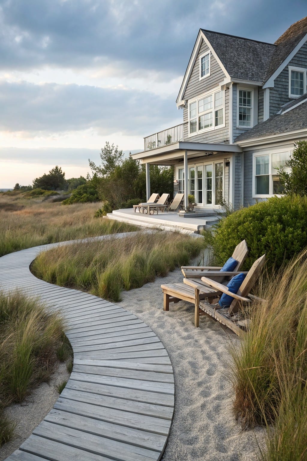 Elevated gray shingle-style house with deck chairs and balcony overlooking dunes, reached by a winding gray wooden boardwalk through tall grasses and sand.