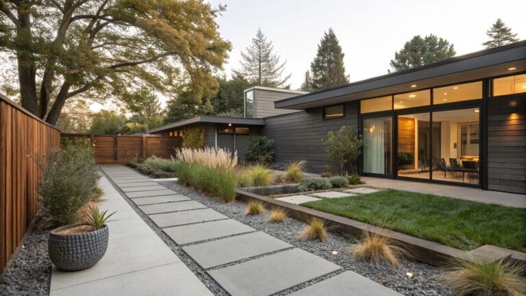Modern backyard exterior showing a straight stone paver pathway flanked by raised wooden planters with ornamental grasses, leading to large glass sliding doors on a dark gray shingled house.
