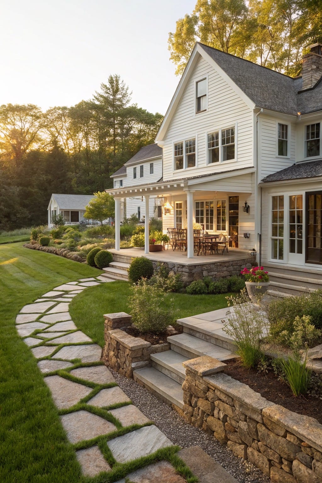 White clapboard house with gabled roof and wrap-around porch seen from backyard, featuring a curving flagstone path through green lawn leading to stone retaining wall, steps, and planted areas amid trees at sunset.