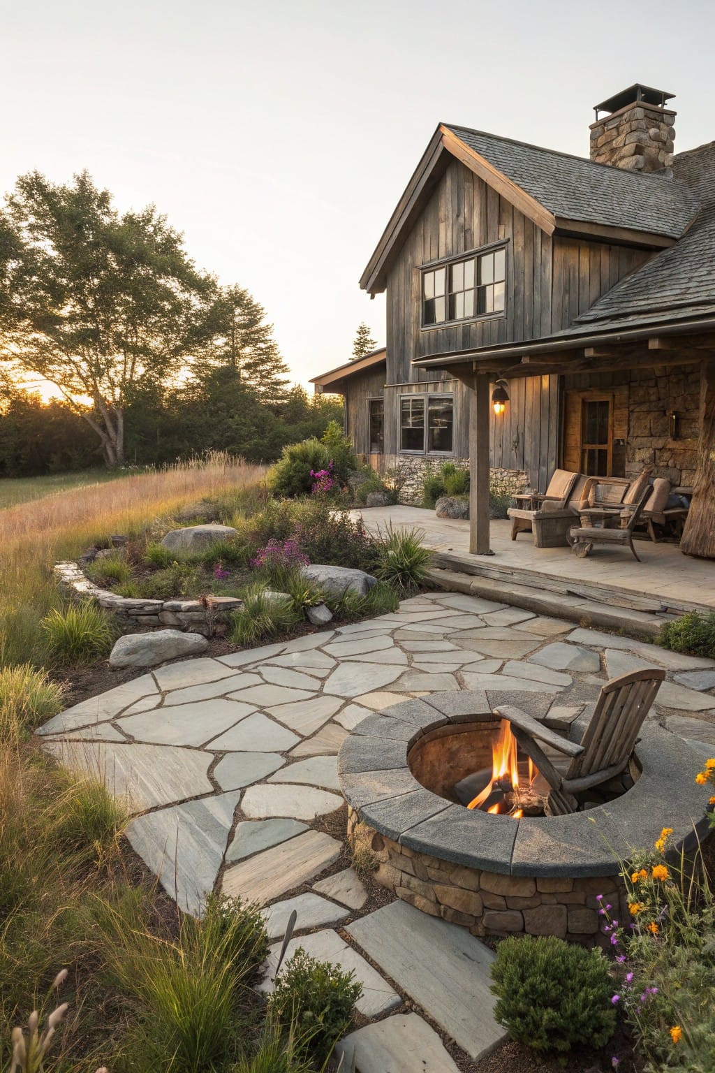 Rustic wooden house with shingled roof and porch overlooking an irregular flagstone patio centered on a stone fire pit with flames, two Adirondack chairs, and surrounding grasses, flowers, and rocks at sunset.
