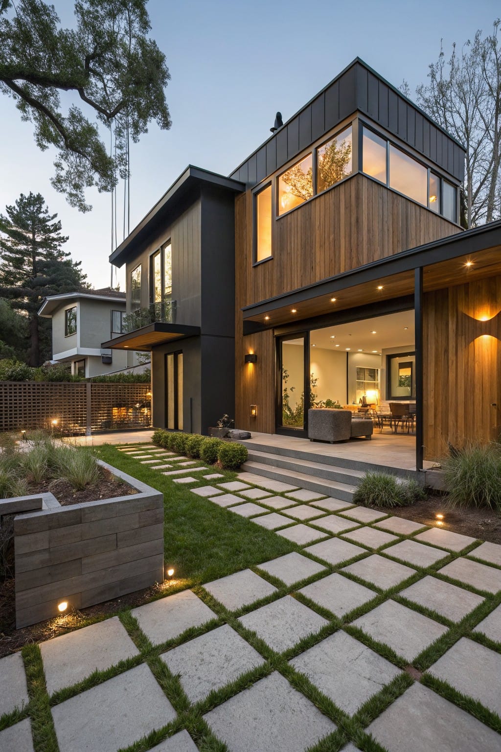 Modern home exterior with dark and wood cladding, large glass patio doors, and a backyard pathway of large square concrete pavers with grass joints leading to entry steps, flanked by raised planters and low lighting.