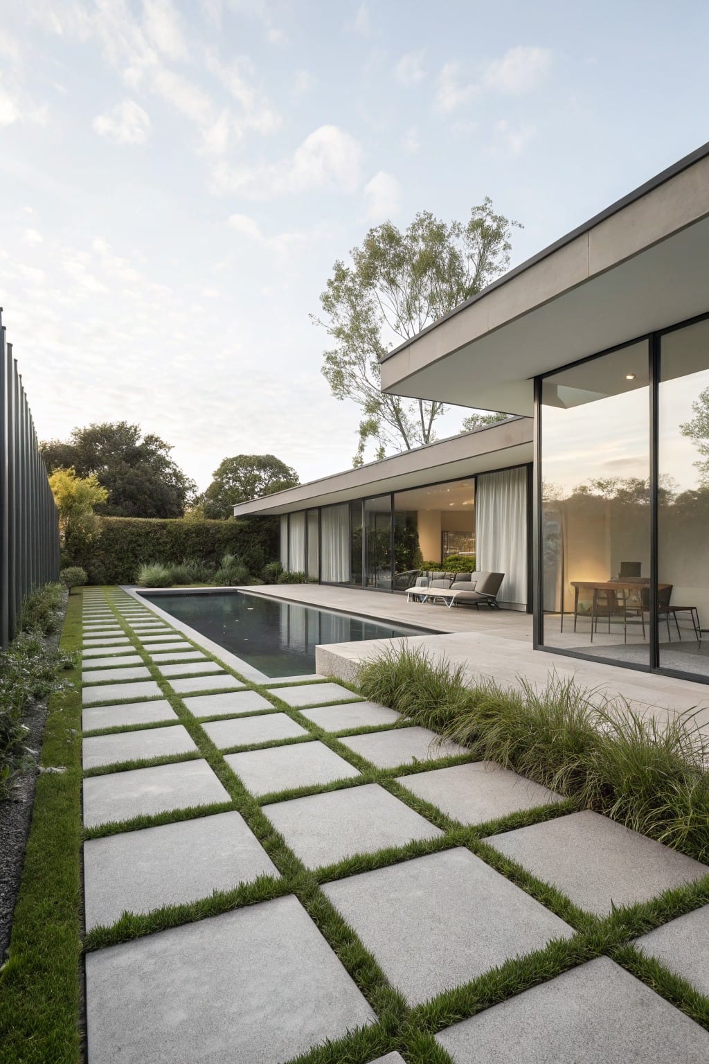 Modern house exterior with long rectangular pool, gray square pavers in grid pattern separated by grass strips along the pool edge, large glass doors, and low hedges.