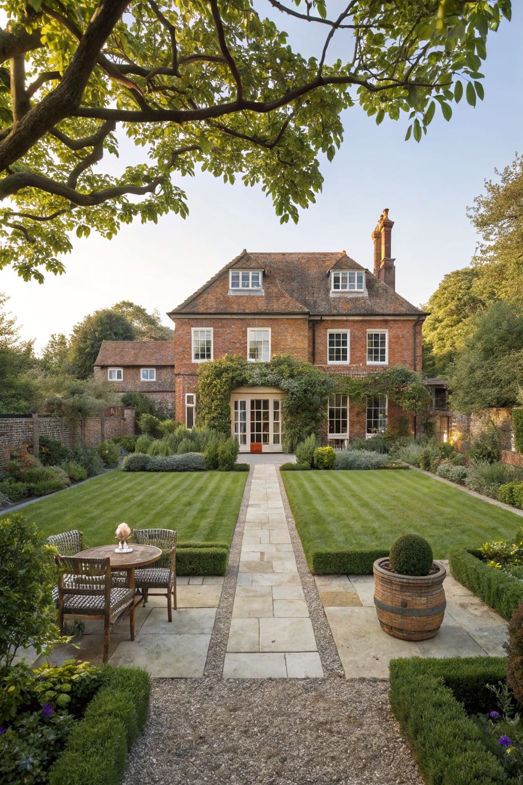Red brick two-story house with dormer windows and chimney viewed from backyard, with a central light stone pathway through manicured lawn panels flanked by boxwood hedges and gravel paths, and a patio table with chairs near potted plants.