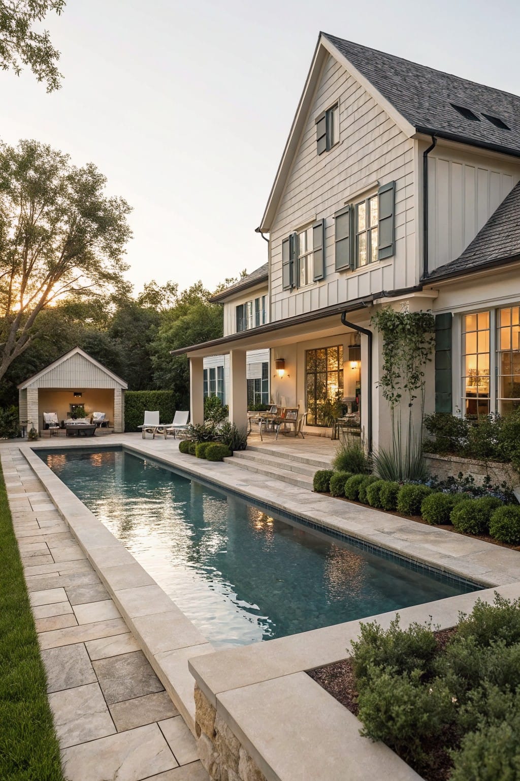 White clapboard house with black shutters and windows overlooking a long narrow blue pool edged in beige stone pavers and flanked by boxwood shrubs, with grass lawn, patio steps, and a small cabana structure nearby.