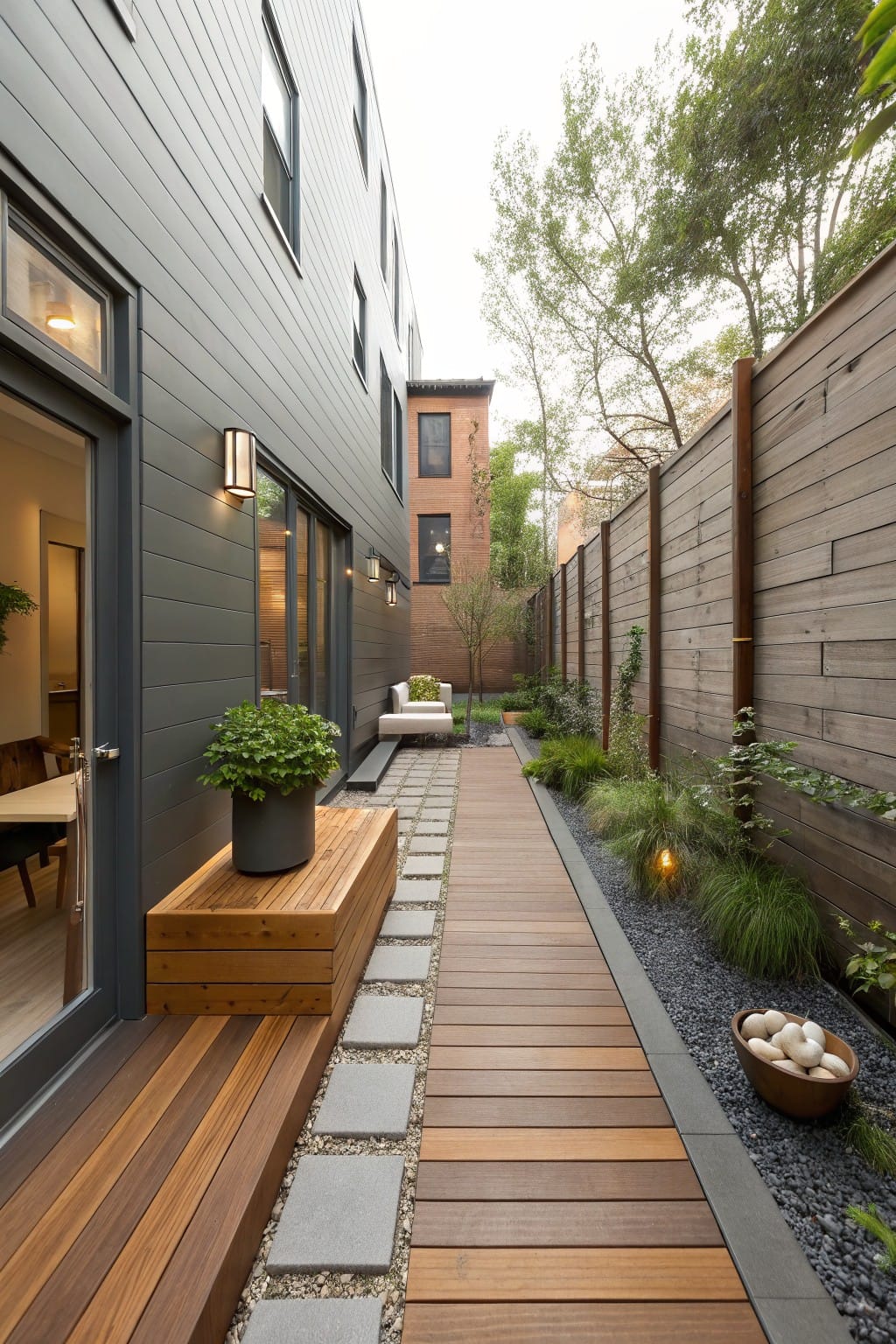 Narrow Yard Walkway with Wood Decking