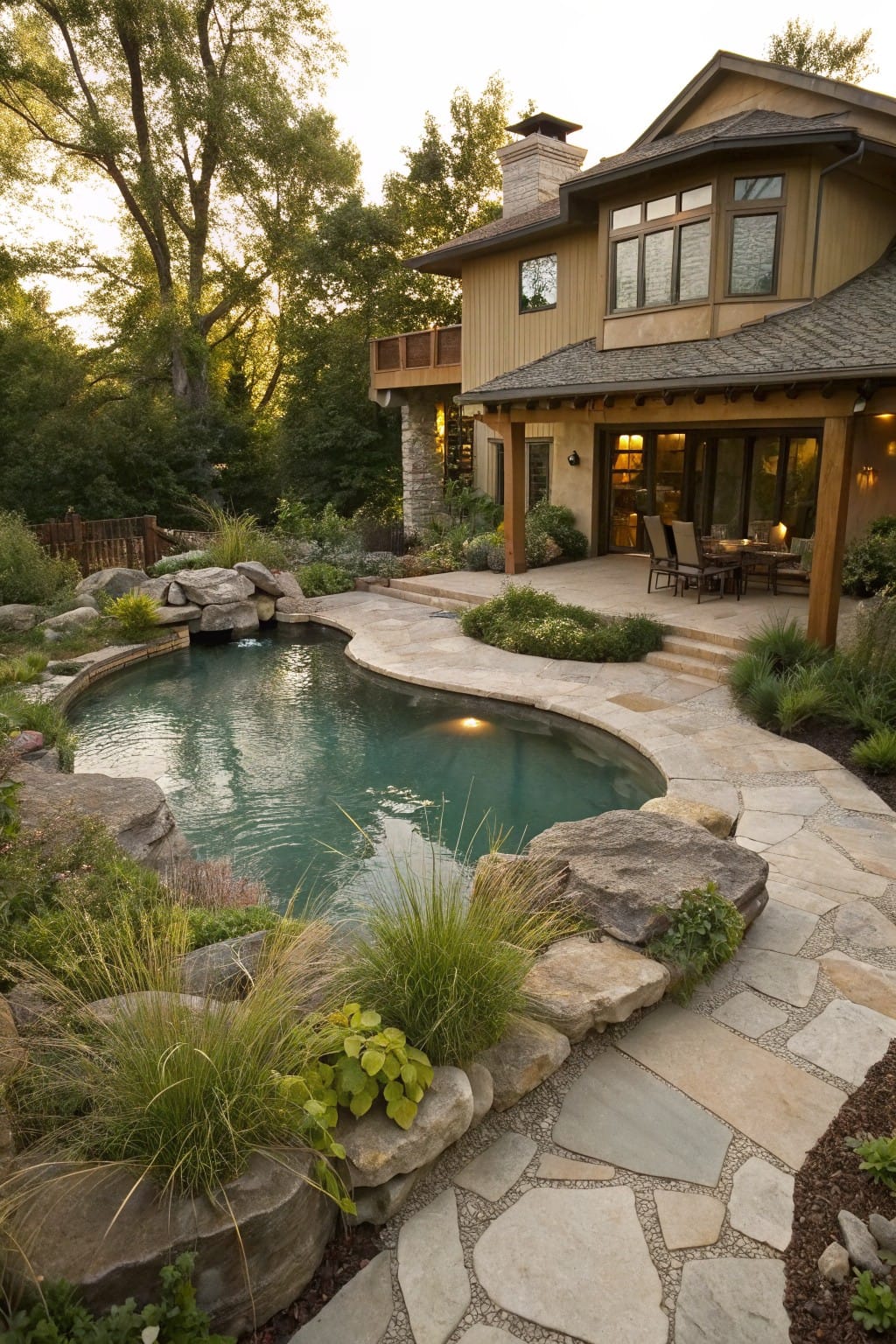 Backyard pool with turquoise water edged by boulders and ornamental grasses, connected by curved flagstone pathways to a house patio amid trees and landscaping.