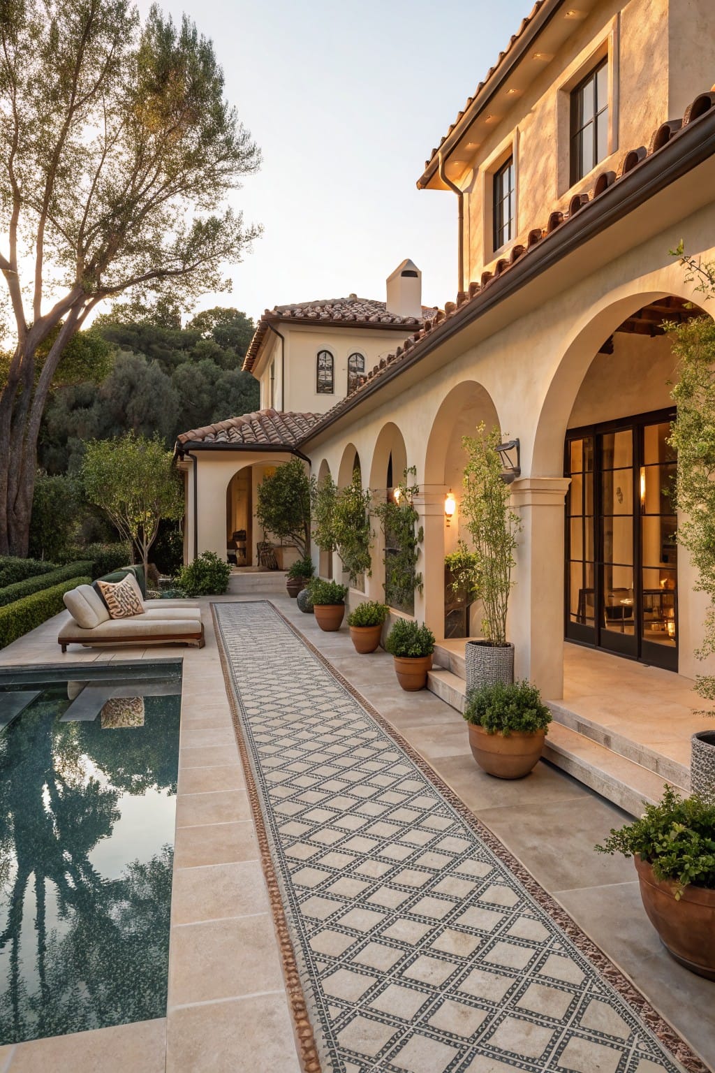 A stucco house with arched doorways and red tile roof connects to a rectangular pool via a wide light stone walkway inset with diamond-patterned tiles and lined with large potted plants.
