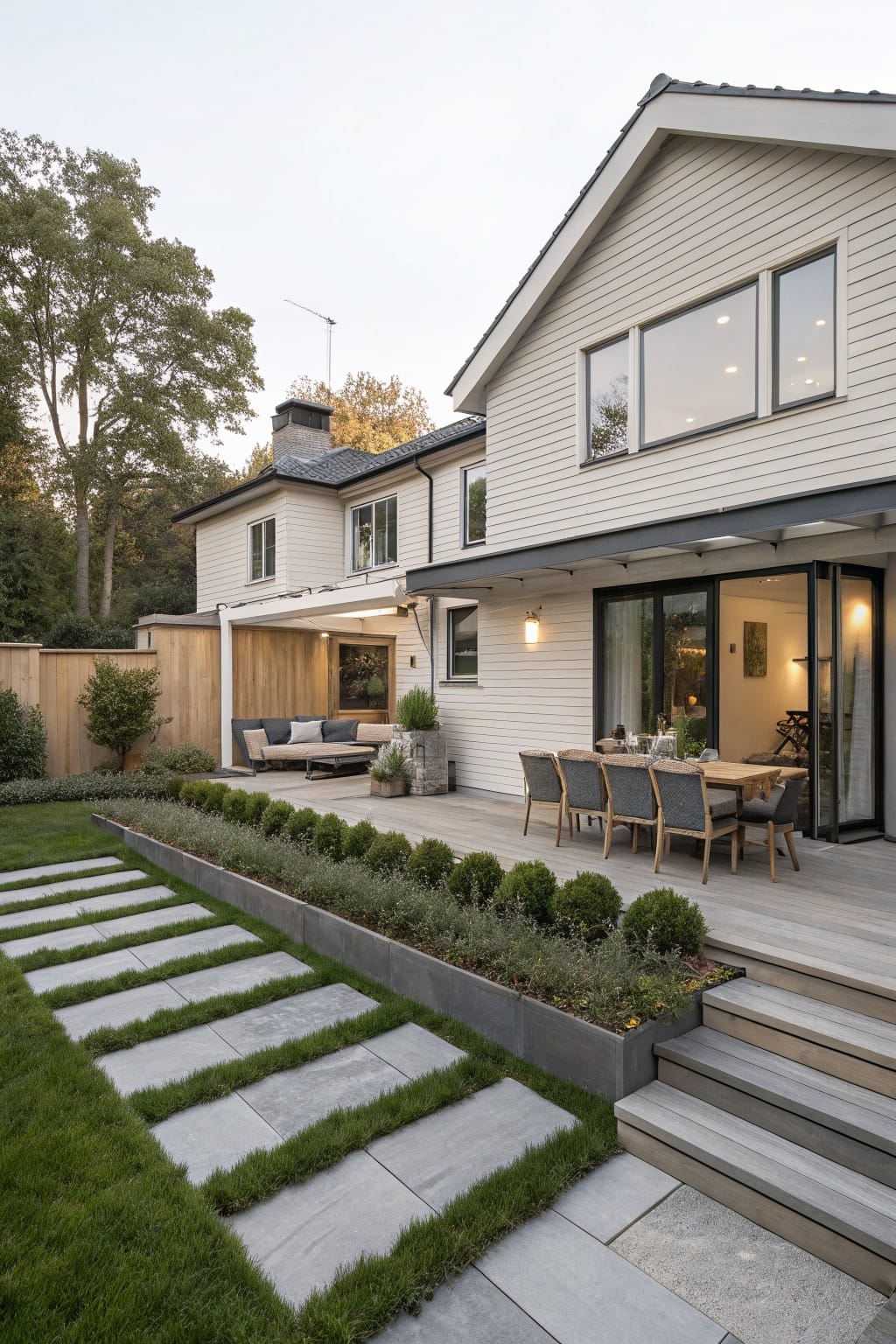 Rear view of a white-sided house with gabled roof, featuring a wooden deck patio with dining table and chairs, wide gray stone paver pathway lined with boxwood hedges in raised metal planters leading from lawn to deck steps, adjacent covered seating area, trees and fence in background.
