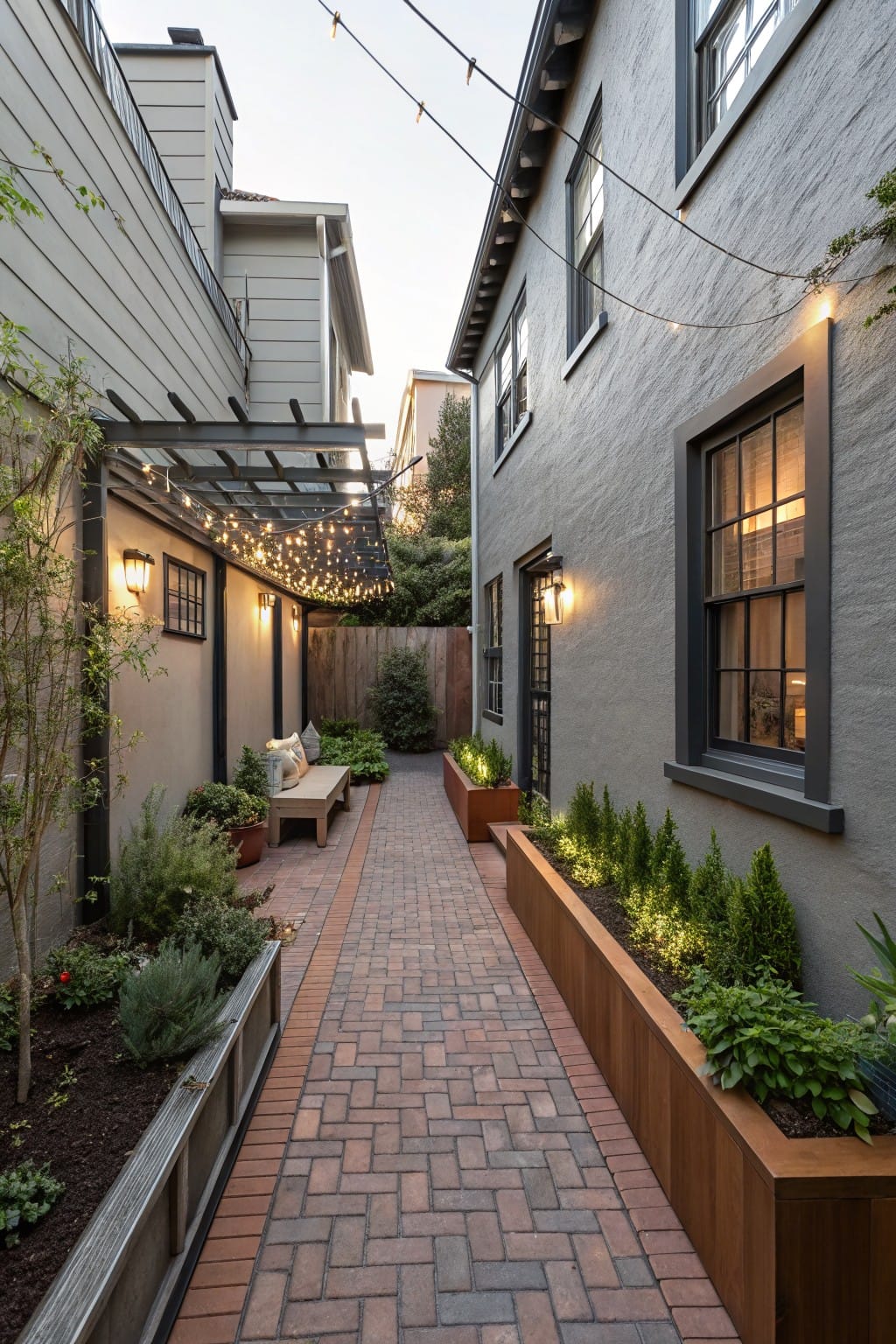 Narrow brick paver walkway between two gray exterior walls, lined on both sides with wooden planters filled with greenery and small trees, plus overhead string lights and wall lanterns.