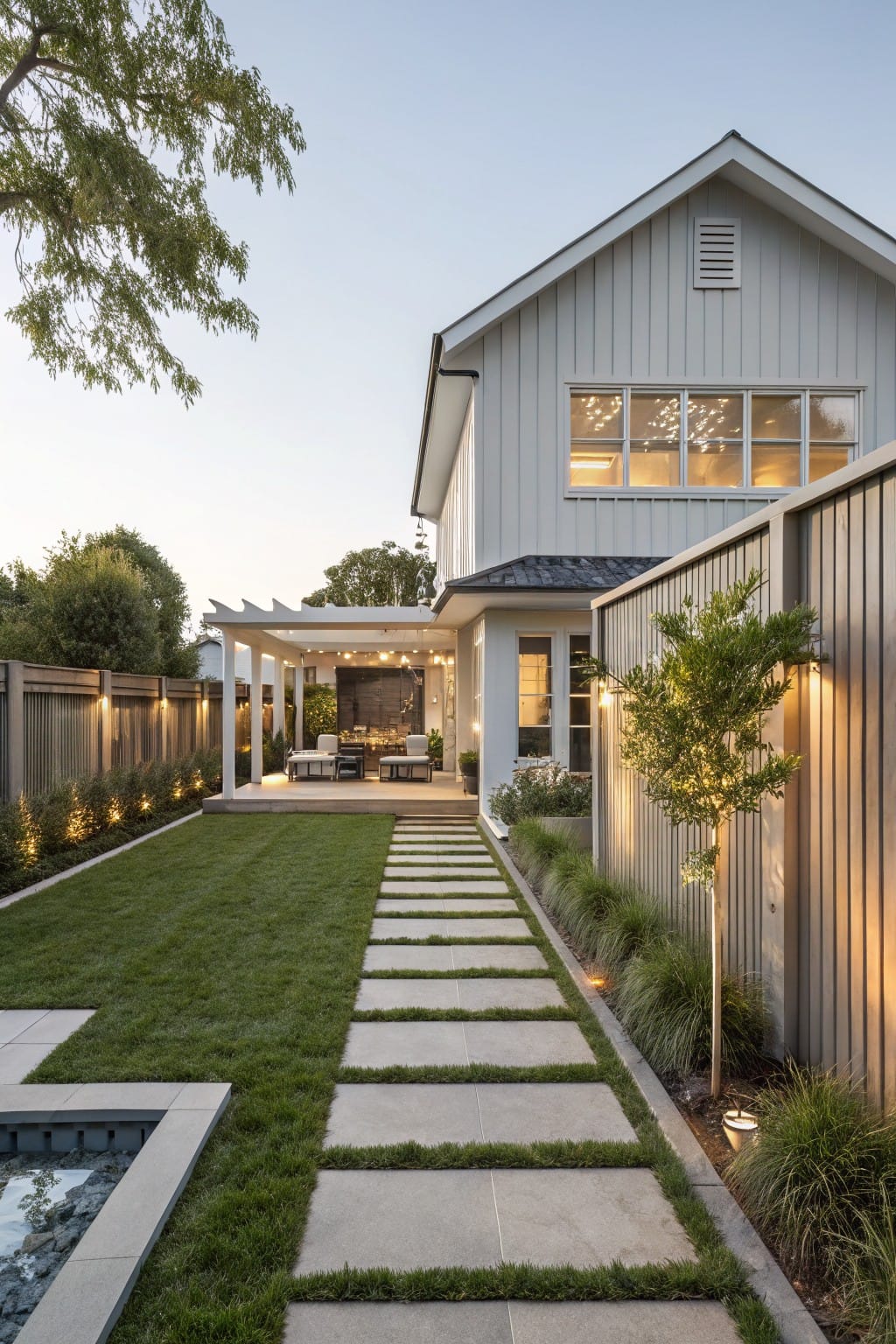 Backyard of a white two-story house with shiplap siding, showing a covered patio under a pergola, straight concrete paver path through green lawn to a pool area, flanked by grass, ornamental grasses, young trees, and timber fencing with lighting.