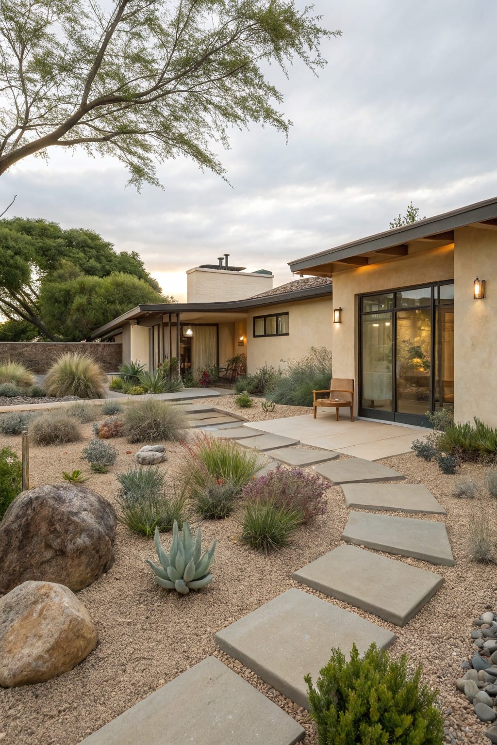 Beige stucco house with flat roof and large glass sliding doors, connected by a gray concrete stepping stone path through a xeriscape yard of gravel, rocks, agave plants, grasses, and small shrubs under a palo verde tree.