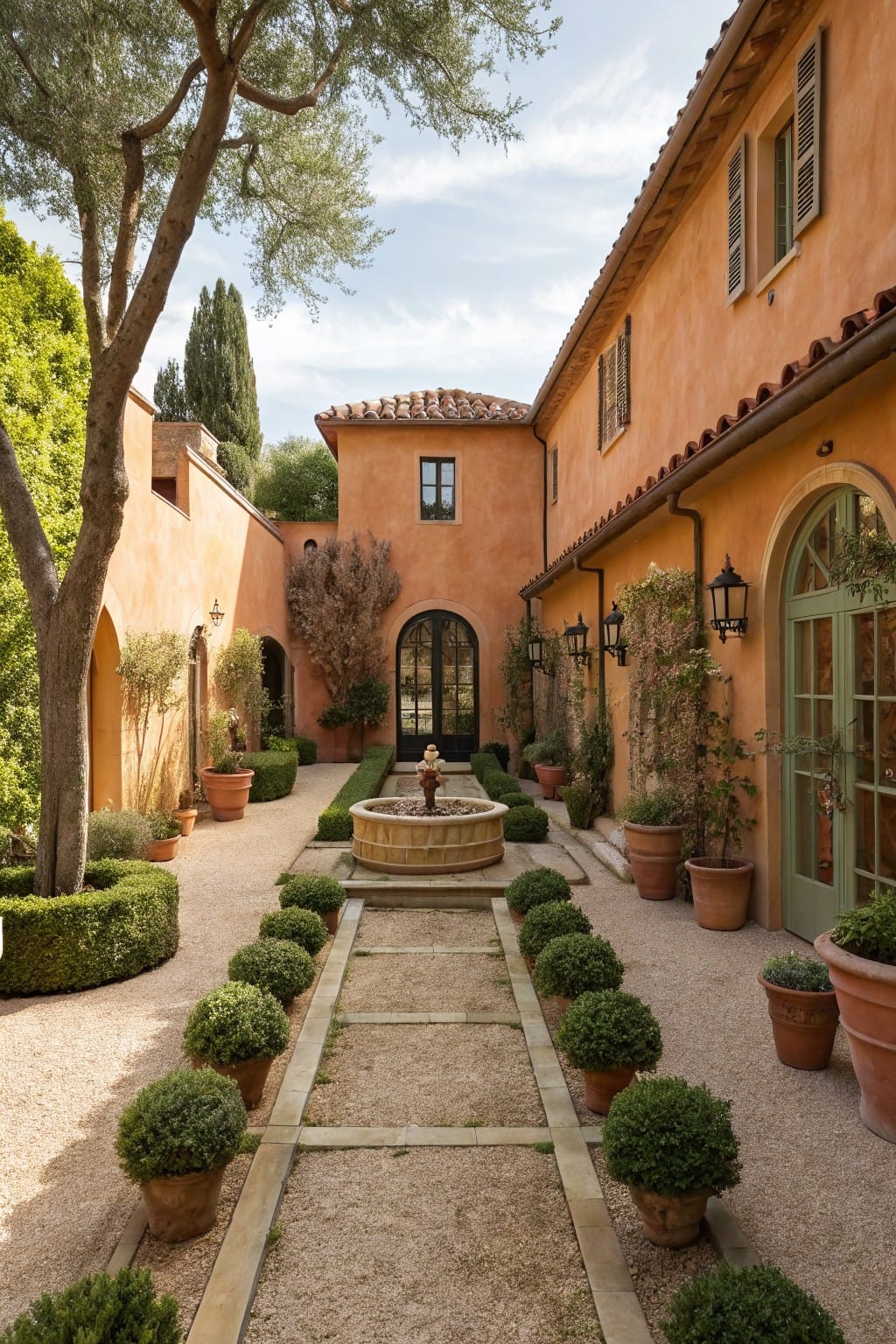 Terracotta stucco courtyard with gravel pathway lined by boxwood topiaries in terracotta pots leading to a central stone fountain, flanked by walls, arched doorways, lanterns, and olive trees.