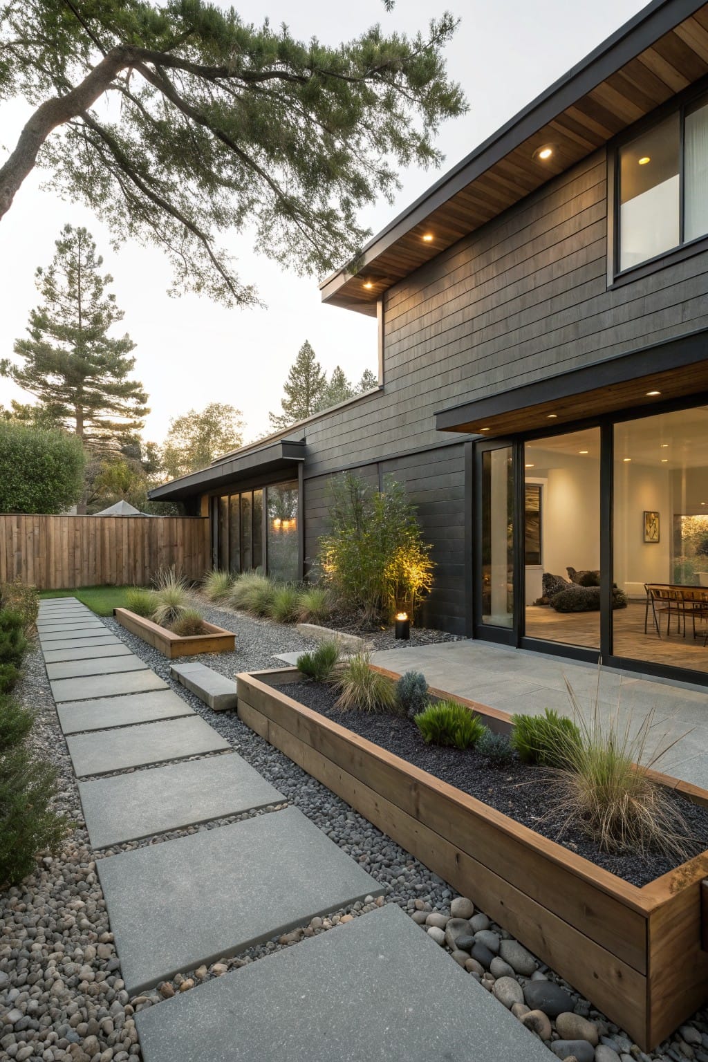 Modern backyard exterior showing a straight stone paver pathway flanked by raised wooden planters with ornamental grasses, leading to large glass sliding doors on a dark gray shingled house.