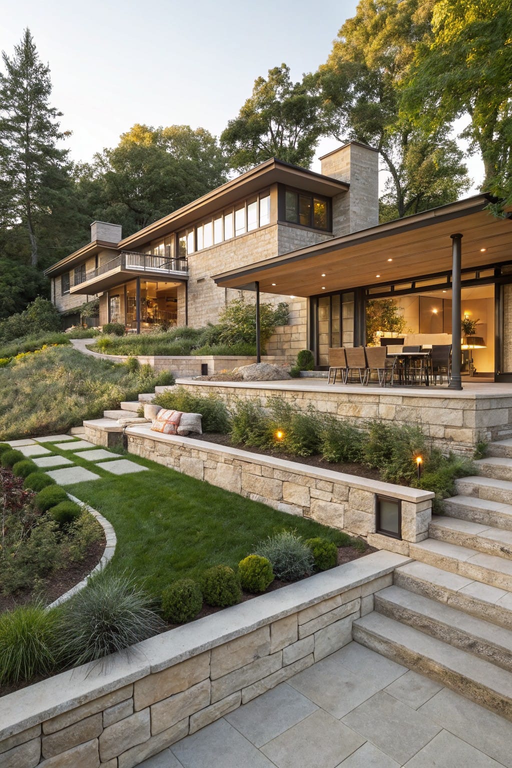Modern house on a wooded hillside with multi-level terraced stone retaining walls, wide concrete steps, planted beds, and outdoor patios extending from glass-walled decks.