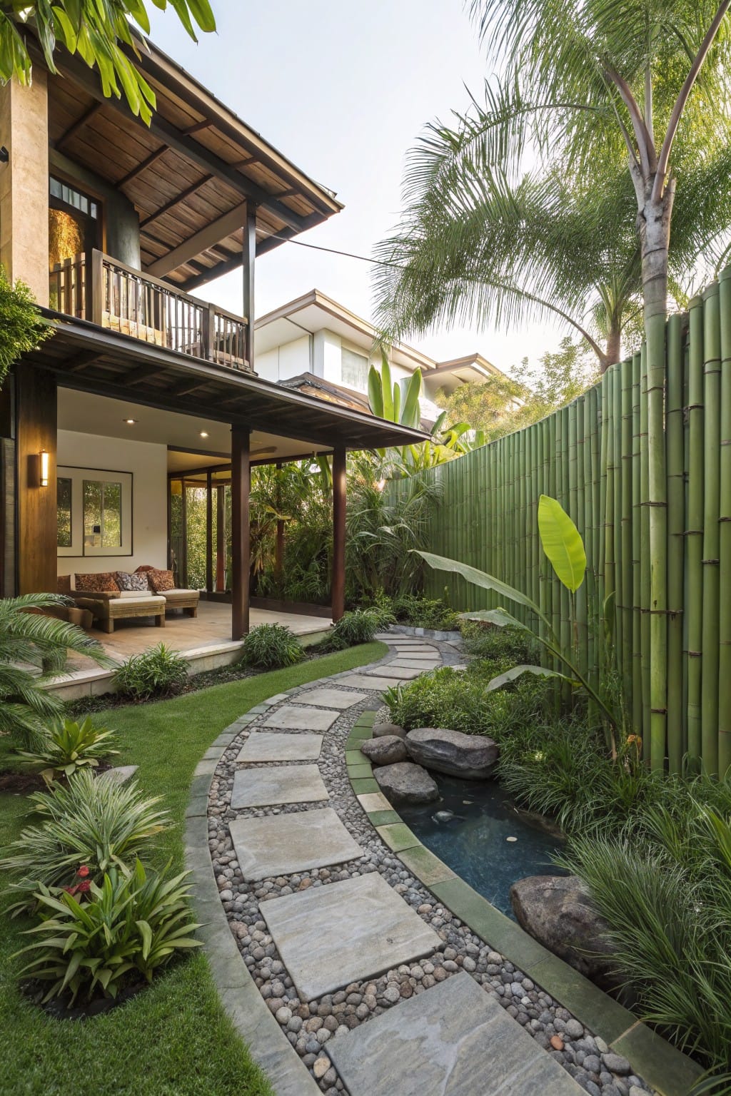 Lush backyard of a two-story tropical-style wooden house with balcony and covered porch, featuring a curving stone pathway through grass and plants past a small rock-lined pond, tall palms, ferns, and a tall green bamboo privacy fence.
