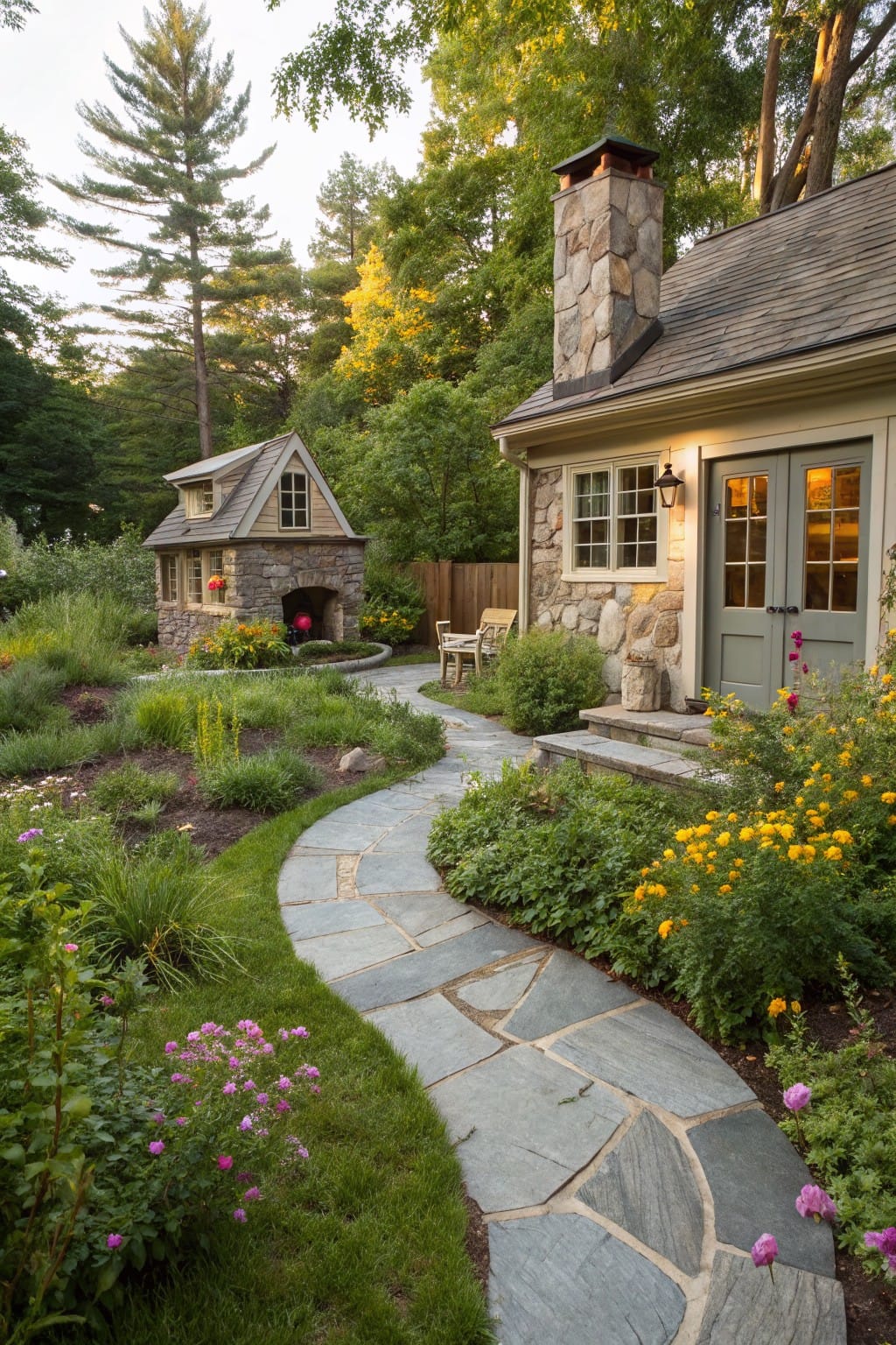 Curved flagstone path winding through garden beds with grasses and flowers leading to the green door of a small stone cottage with chimney, beside a tiny stone playhouse in a wooded backyard.