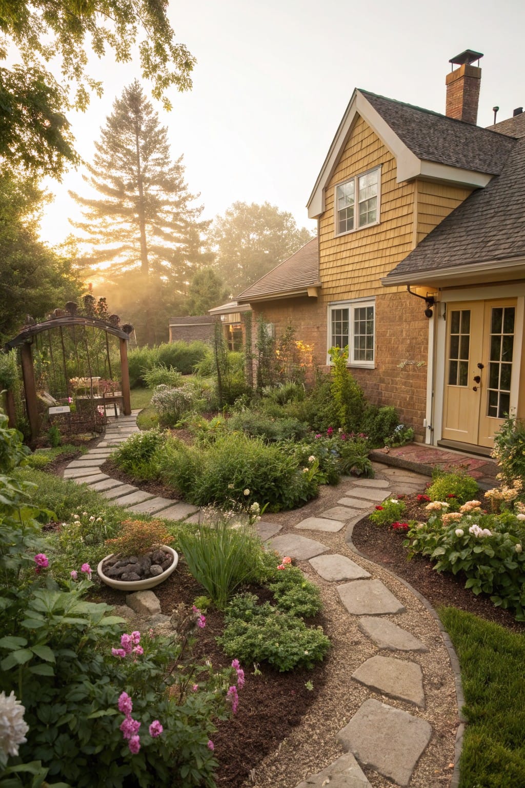 Yellow clapboard house with shingled roof beside a backyard garden featuring a curved flagstone path winding through dense flower beds and shrubs to a wooden arbor with benches.