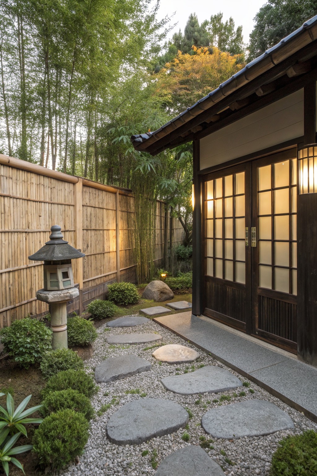 Japanese-style garden courtyard with tall bamboo fence enclosing a gravel area, irregular stone stepping stone path, stone lantern, shrubs, and entry doors to a dark wood house lit by lanterns.