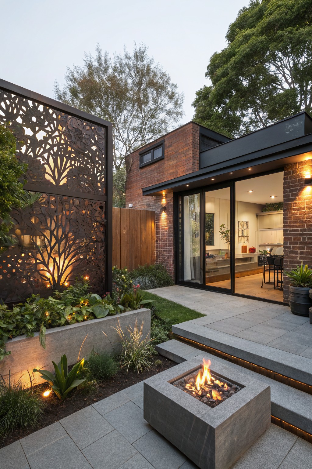 Backyard patio at dusk with sliding glass doors from a brick house, concrete fire pit, raised concrete planters with greenery, steps, and a tall black laser-cut metal screen fence featuring a tree motif illuminated from behind.