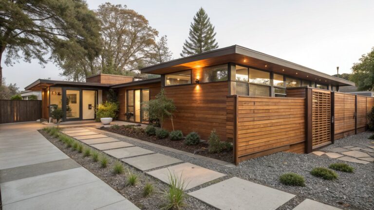 Contemporary house exterior with tall horizontal slat wooden fence illuminated by base lighting, concrete paver pathway, landscaped plants, wooden gate, and concrete bench.