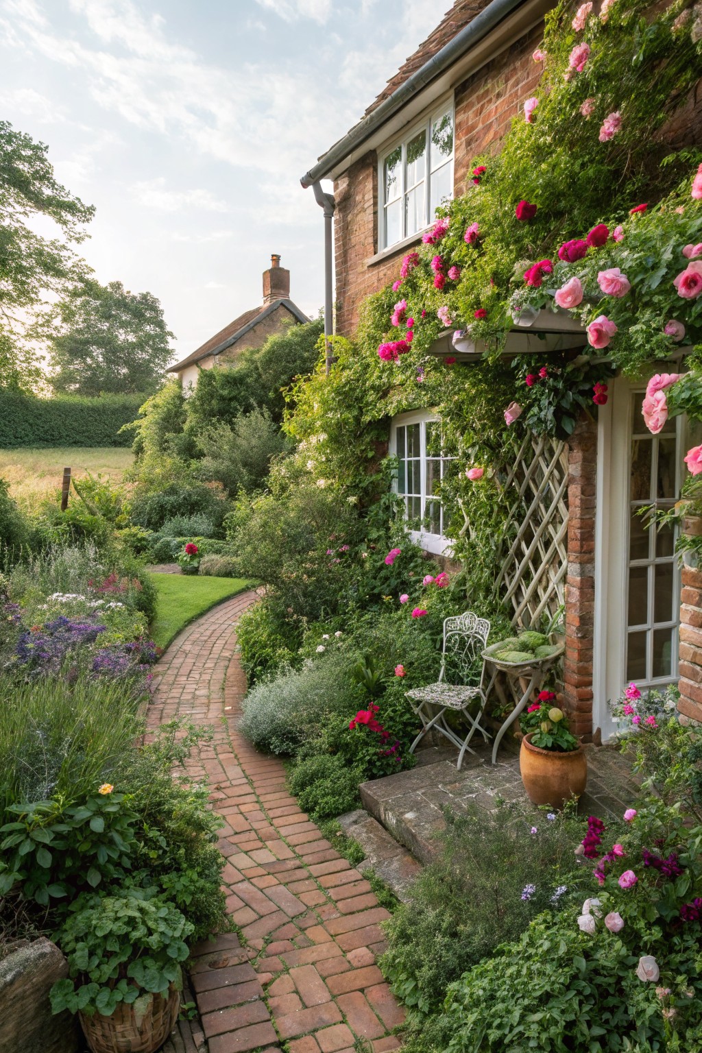 Brick house exterior with pink climbing roses covering a white wooden lattice trellis next to the glass door, brick pathway through lush garden beds, and a metal chair with table on the step.