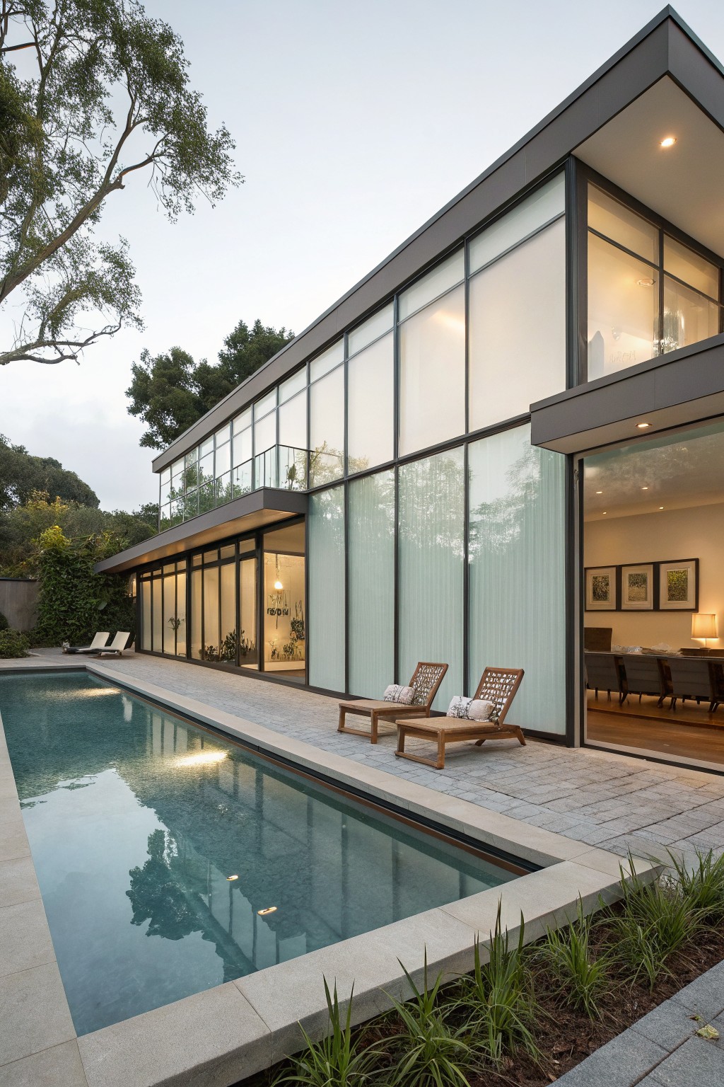 Modern two-story house with extensive black-framed glass walls and open sliding doors adjacent to a rectangular swimming pool on a stone paver terrace with teak lounge chairs, pillows, low table, and surrounding trees and plants.