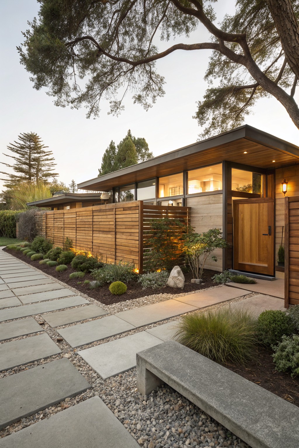 Contemporary house exterior with tall horizontal slat wooden fence illuminated by base lighting, concrete paver pathway, landscaped plants, wooden gate, and concrete bench.