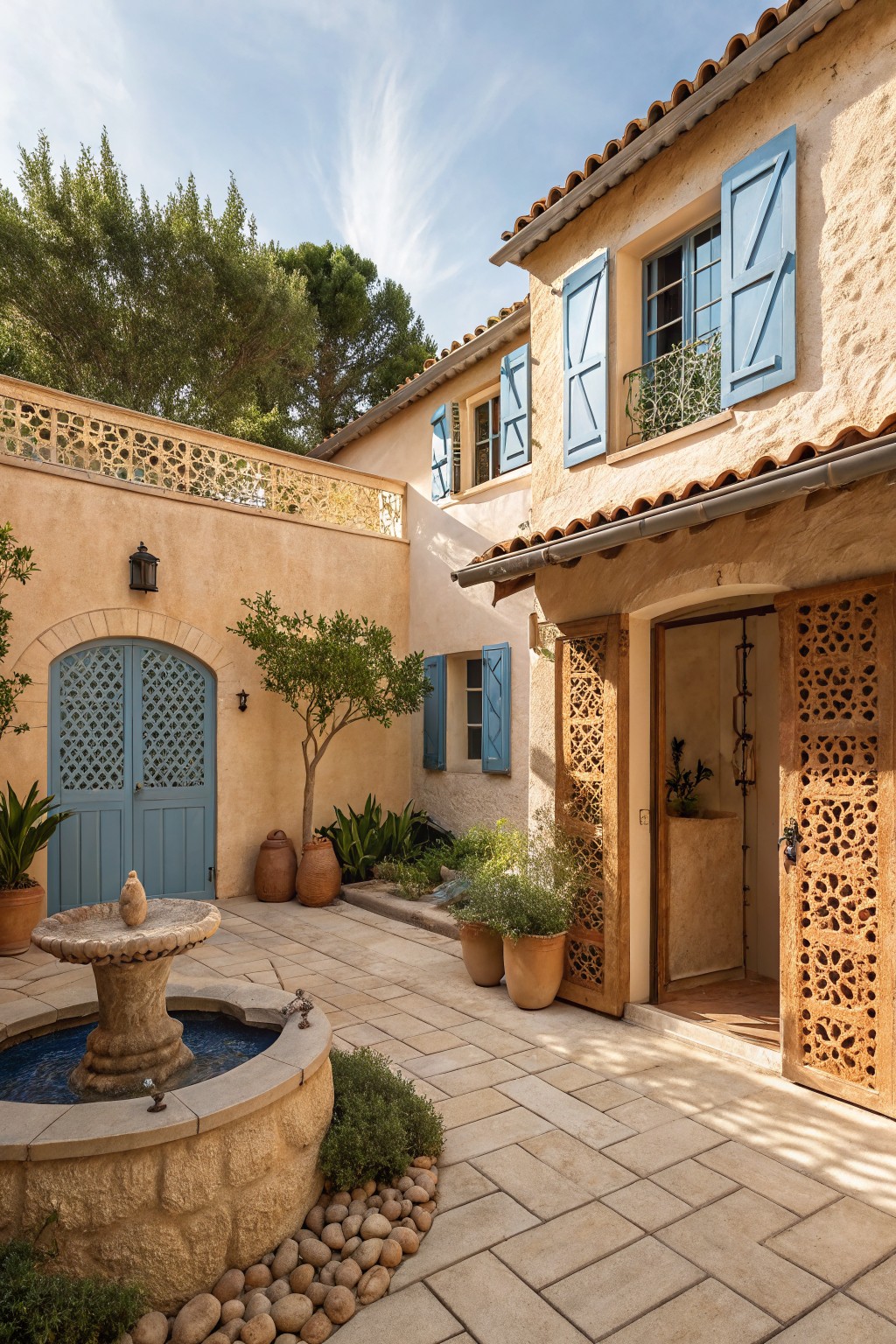 Beige stucco courtyard with terracotta tile roof, blue shutters on windows, open carved wooden lattice doors, central stone fountain, potted plants, and paved stone floor surrounded by greenery.
