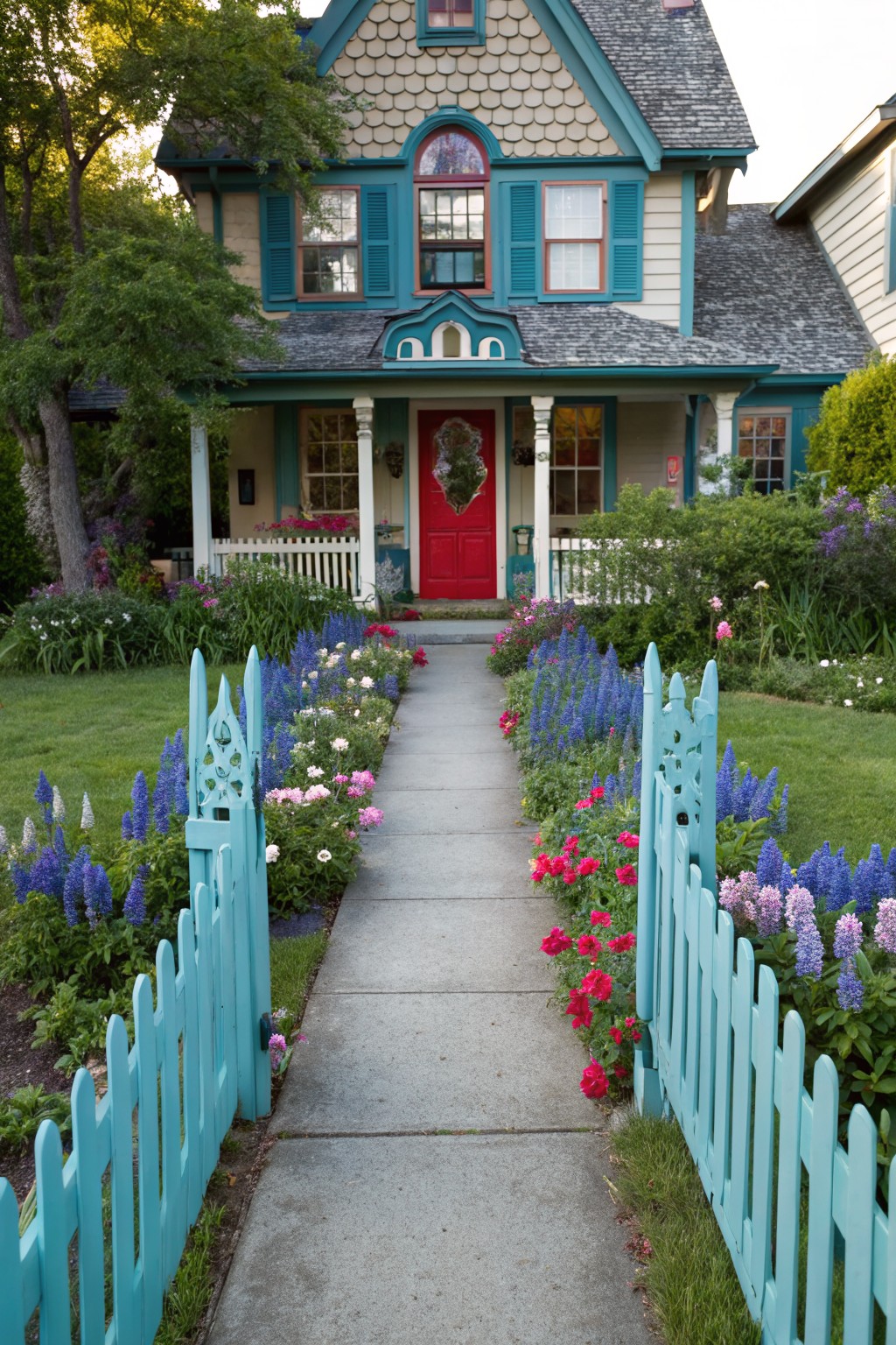 Turquoise picket fence with pointed tops lining both sides of a concrete walkway through a flower garden leading to a turquoise Victorian house with red front door and porch.